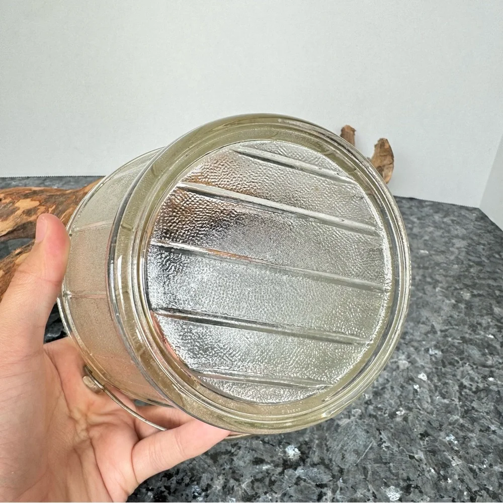 VTG Frosted Glass Wooden Pail Design Ice Bucket With Hammered Metal Swing Handle